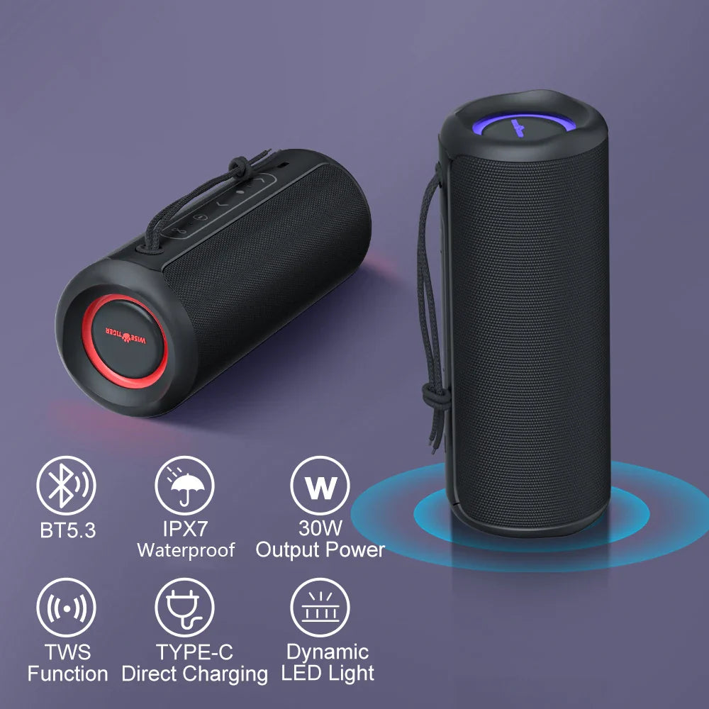 WISE TIGER P3 Portable Bluetooth Speaker – 30W, IPX7 Waterproof, 20-Hour Playtime, RGB Lights